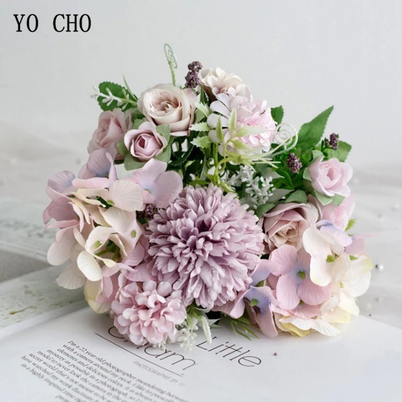 rose-purple Йо Чо Свадебный букет Искусственный шелк розовый цветок пиона невесты букет розовая Гортензия помпон бутон ванильный Спайк свадебные принадлежности - Цвет: rose-purple