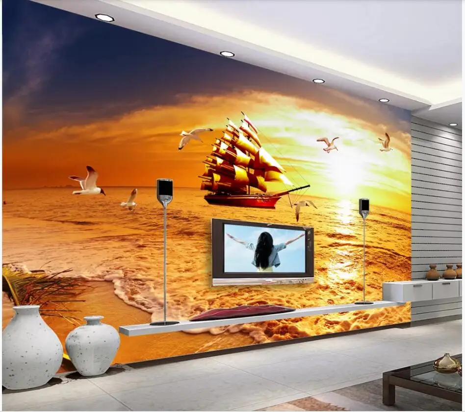 

WDBH Custom photo 3d room wallpaper Golden sunset sailing seagull seascape home decor 3d wall murals wallpaper for walls 3 d