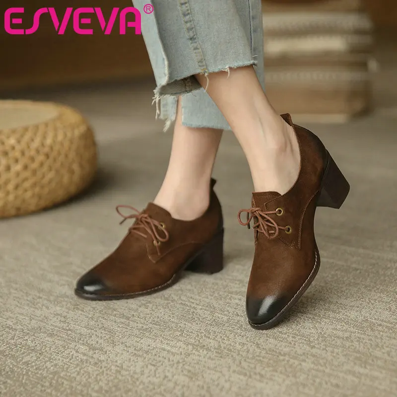 

ESVEVA 2021 Spring Autumn Round Toe Casual Women Pumps Scrub Square High Heel Lace Up Basic All Match Ladies Shoes Size 34-39