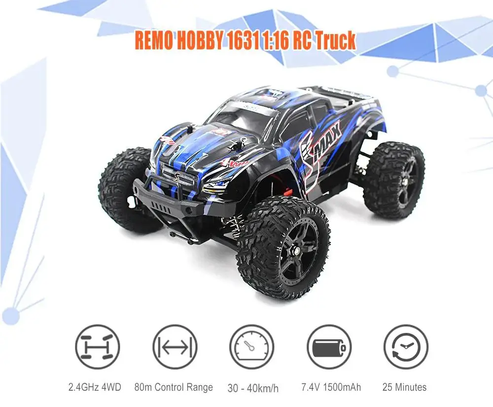 REMO 1631 1/16 2.4G 4WD Brushed Off-Road Monster Truck SMAX RC Remote Control Toys With Transmitter RTR | Игрушки и хобби