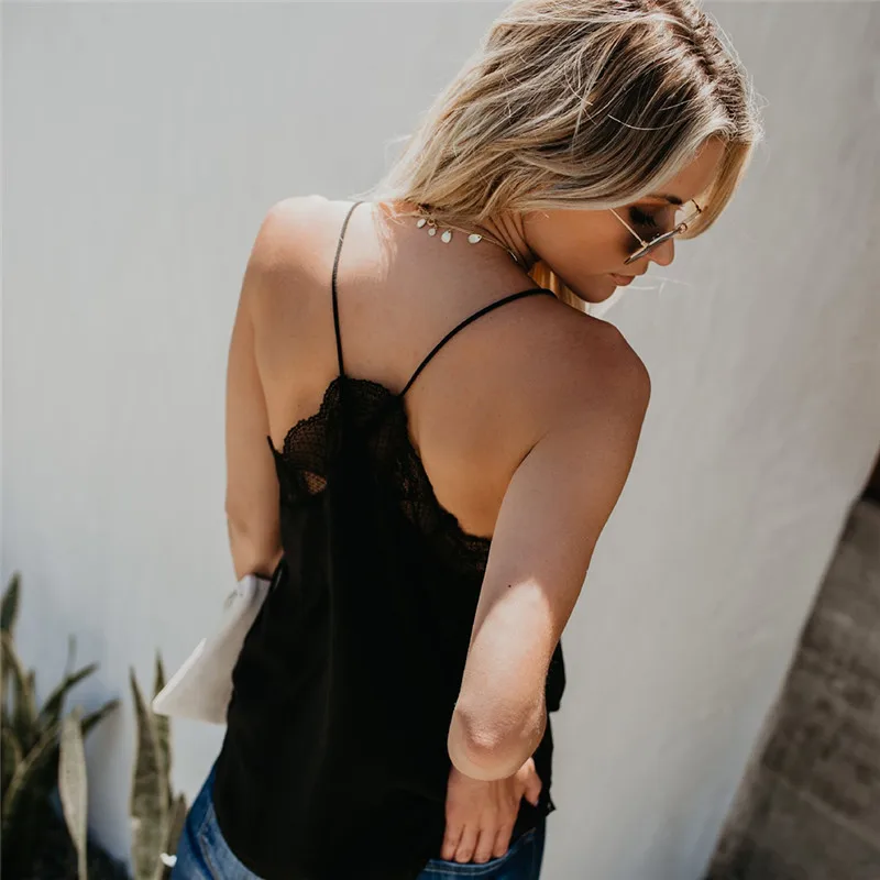 

New 2021 Women V Neck Lace Strappy Vest Tops Summer Casual Sleeveless Black Tank White Shirt Tops 3 Colors