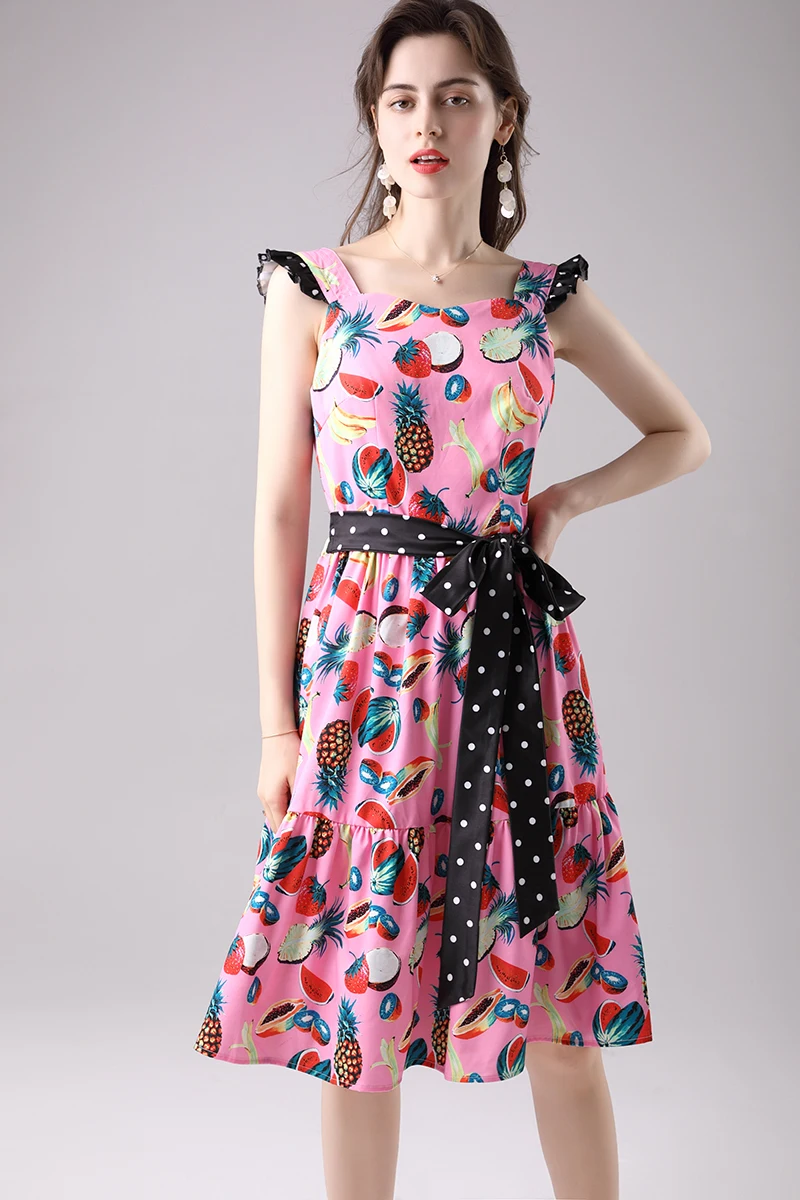 Платье женское летнее хлопковое с поясом в горошек милая майка принтом ананасов
