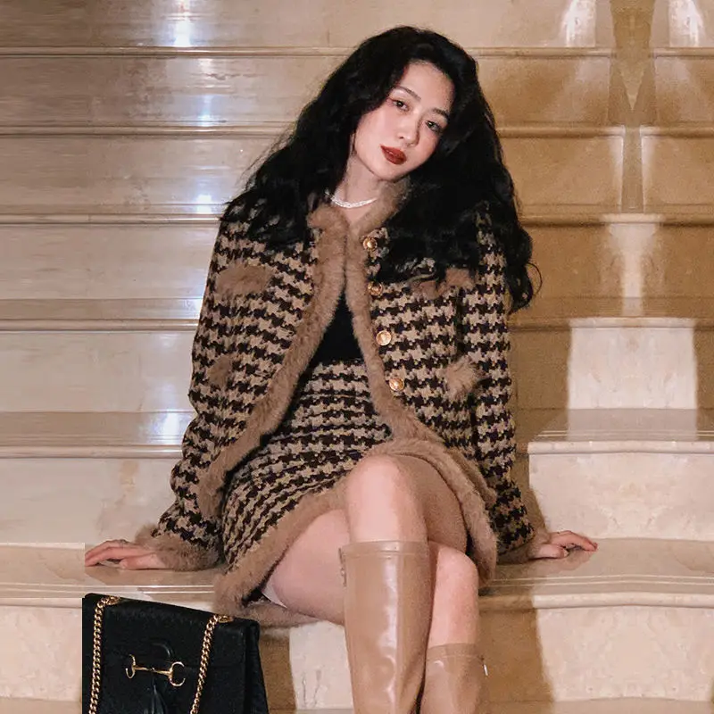 

Women New Two Piece Suit Female Plaid Print Blazer Vintage Long Sleeve Button Coat Office Ladies Elegant Warm Mini Skirt A294