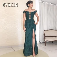 sexy dark green mermaid prom dresses side split off the shoulder 3d flower bead evening gowns floor length long party dress