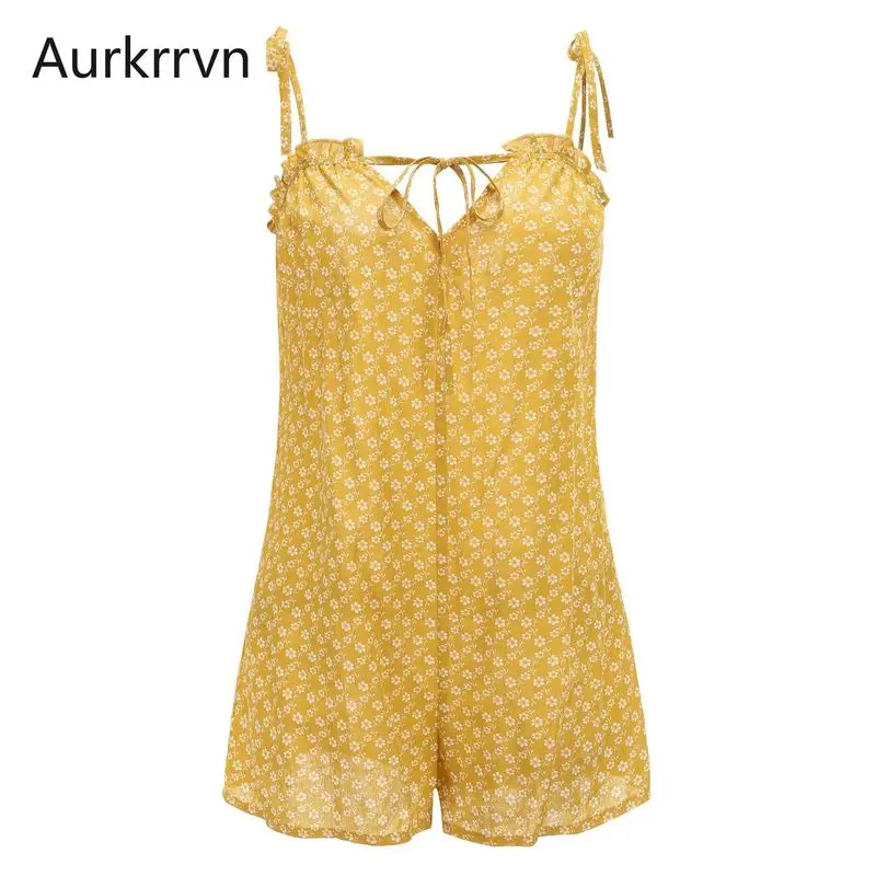 

Aurkrrvn Women's Spaghtti Strap Playsuits Casual Woman Yellow Lace Up Summer Playsuits Female Beach Floral Print Romper for Lady