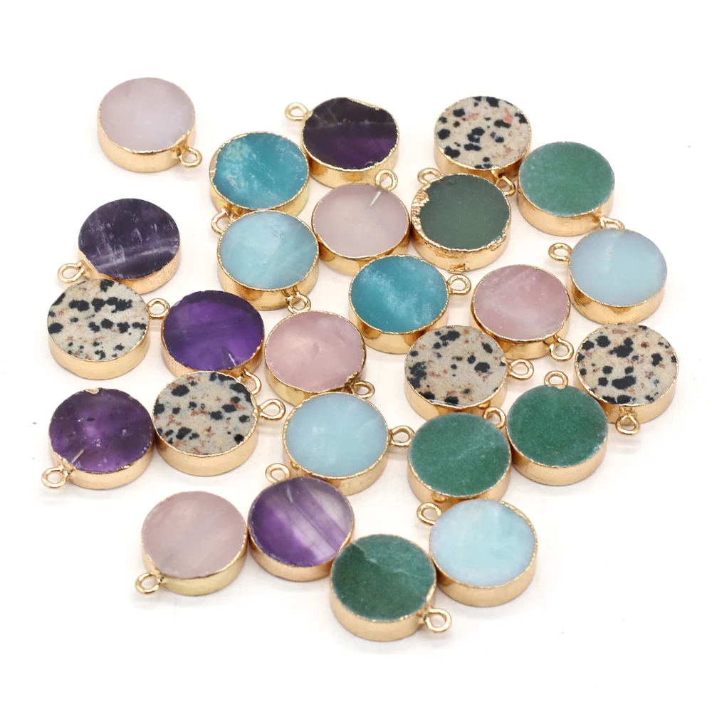 

Natural Stone Amethyst Opal Rose Quartz Necklaces Pendants Plating Golden Round Gem Stone Charms For Jewelry Making Bracelets
