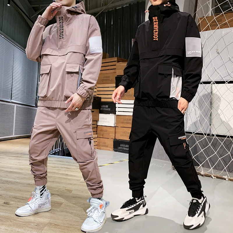 

2021 Workwear jacket men's Hooded Jacket+Pants 2PC Sets baseball loose Pullover coat & Long Pants Mens Clothing