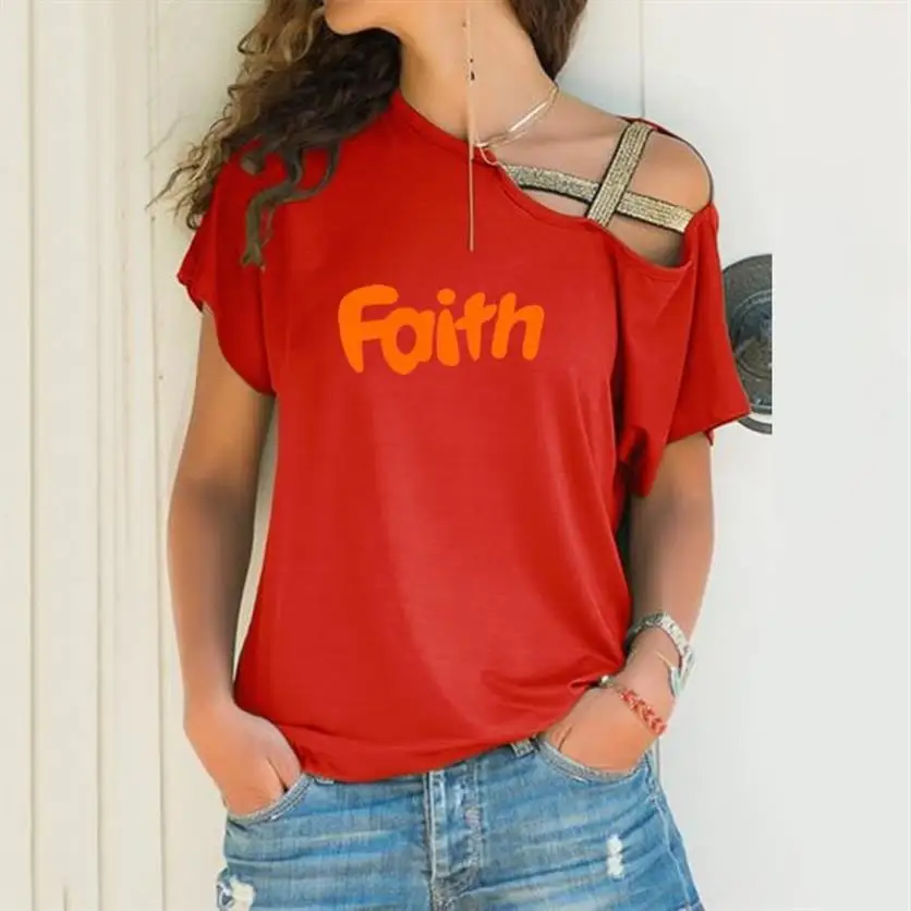 

Women Skew Neck faith print T Shirt Summer Irregular Criss Cross Short Sleeve Sexy Off Shoulder Solid Tops