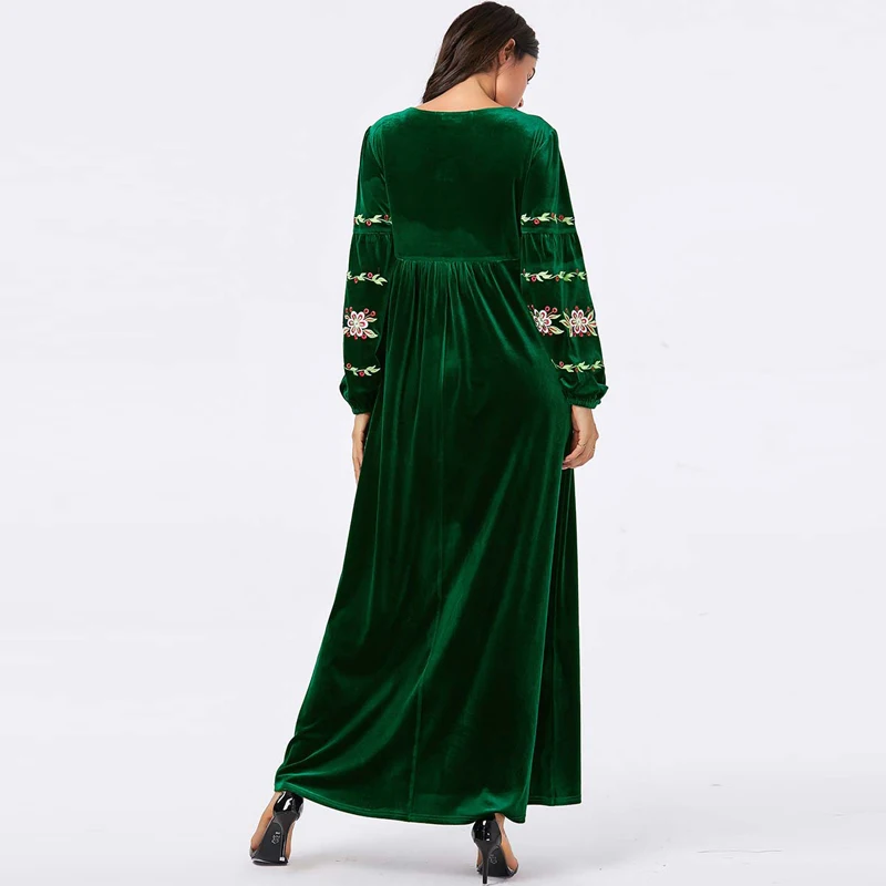 Цветочные бархатные abaya для женщин Дубай мусульманский кафтан женская одежда зима осень длинное платье Зеленый Кафтан vestido manga larga