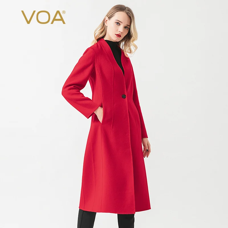 

VOA Snowy Plateau Cashmere Chinese Red Deep V-neck One Button Waist Slim Office Lady Double-sided Warm Solid Cashmere Coat S1056