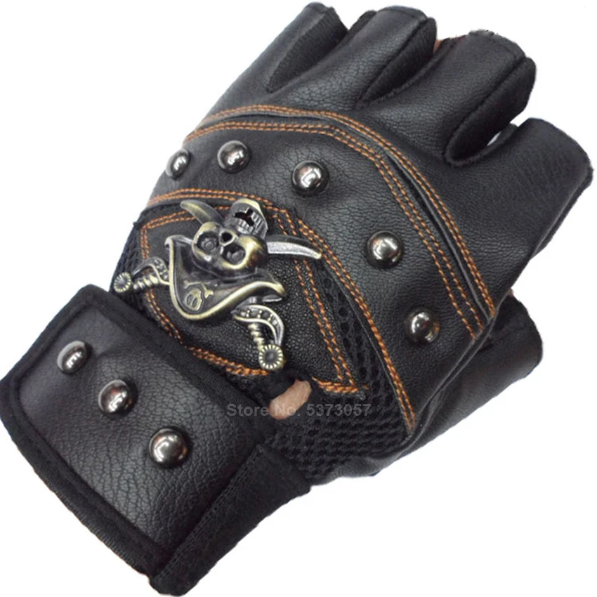 Steampunk Pirate Gloves PU Leather Gothic Medieval Cosplay Accessories for Man Halloween Middle Ages Unisex Skull Rivet Gloves