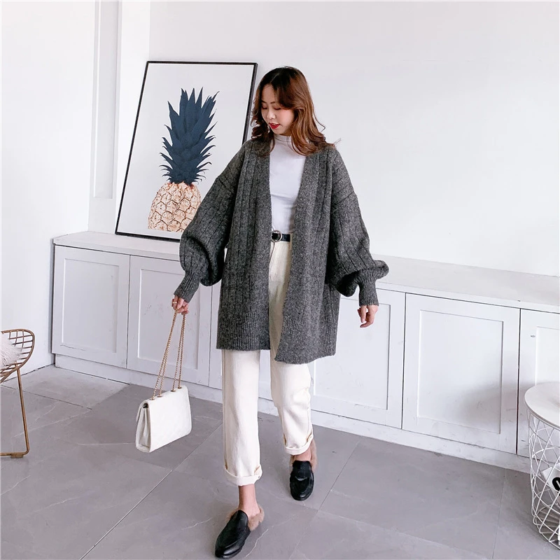 

[EAM] Brief Big Size Knitting Cardigan Sweater Loose Fit V-Neck Lantren Sleeve Women New Fashion Tide Autumn Winter 2021 1DA698