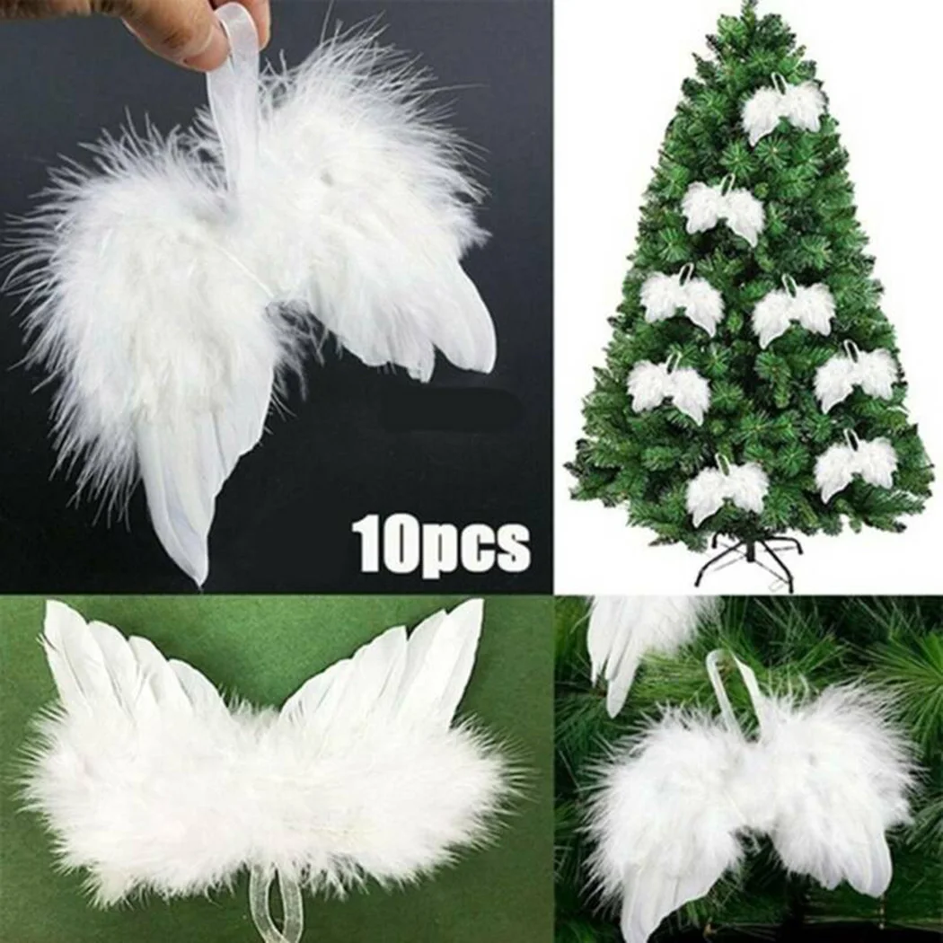 

10Pcs Christmas White Vintage Feather Hanging Angel Wings Christmas Tree Xmas Ornament Home/Party/Wedding Ornaments
