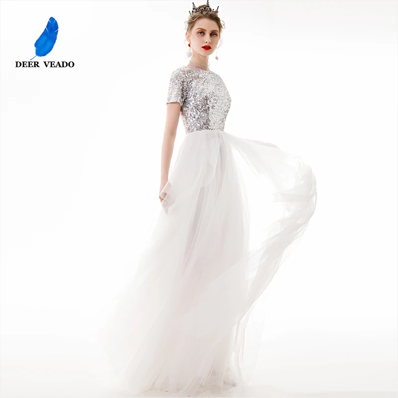 

DEERVEADO YS467 White Prom Dresses Long Sequins Tulle Formal Dress Prom Party Dresses Vestidos de Gala