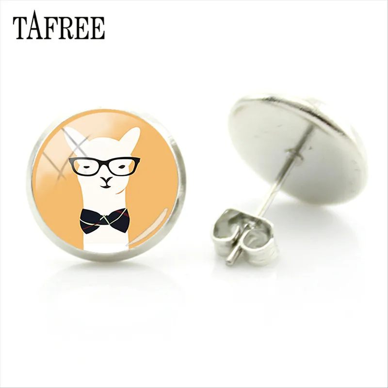 TAFREE, серьги-гвоздики из альпаки с изображением животных ламы, художественное изображение, стеклянный кабошон, очаровательные серьги для девочек и женщин, ювелирные изделия ручной работы, Gtifs YT13