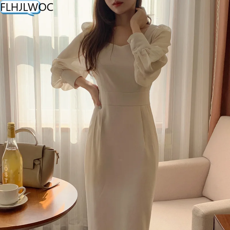 

Chic Korean Fashion Women Temperament Office Lady Elegant Work Basic Wear Solid Vintage Long Dress Fenimine Vestidos N503