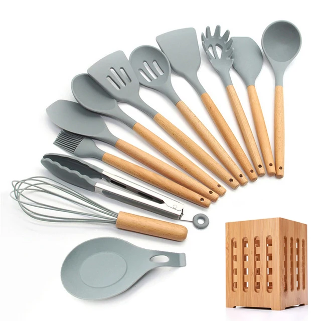13-Pcs kitchen set Силиконовые набор для кухни 11/12/13 шт, кухонный набор,набор кухонных принадлежностей, антипригарным,деревянной с лопатки, ложка,половник,Кухня инструменты,кухонная утва,серый,кухонные принадлежности из силикона - Цвет: 13-Pcs kitchen set