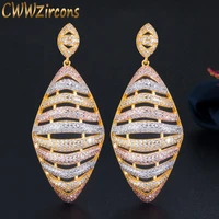 cwwzircons long big hollow out geometric cubic zircon 3 tone gold plated women engagement party earrings luxury cz jewelry cz673