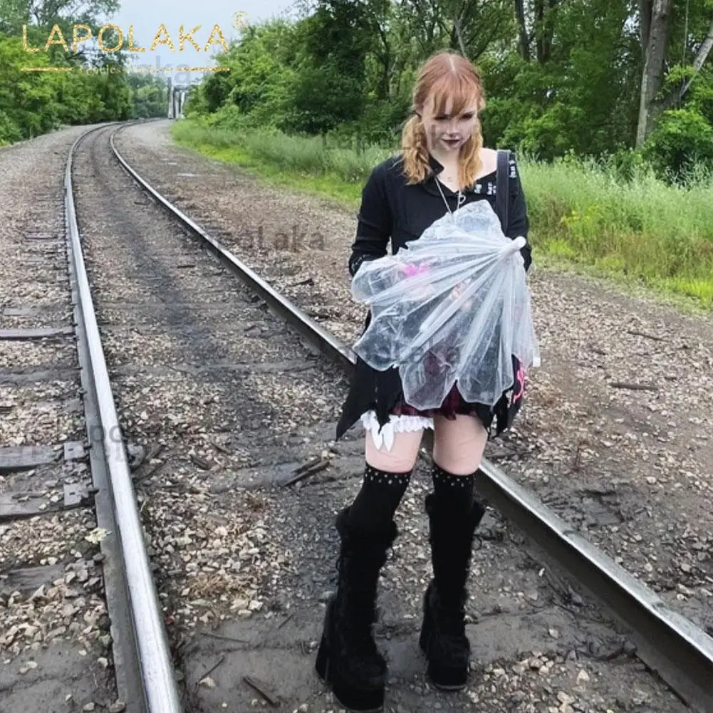 Lapolaka Fashion Women Boots Winter Comfy Warm Plush Flock Lace-Up Solid With Med Platform Winter Hot Sale Mid-Calf Women Boots