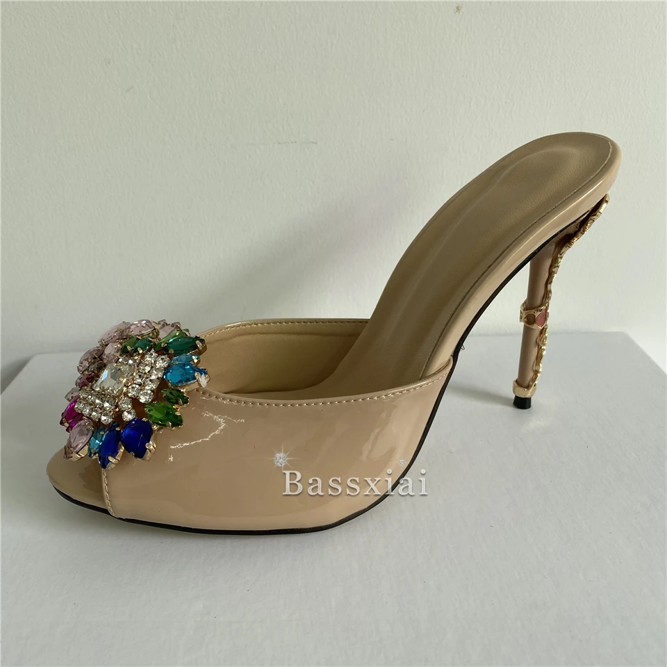 

Luxury Rhinestone Flower Sandals Women Summer Metal Petal Decor Thin High Heel Peep Toe Slingbacks Runway Mules For Girls