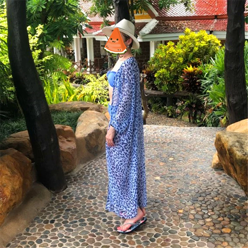 Леопардовая шифоновая Пляжная накидка туники для пляжа длинный кафтан бикини