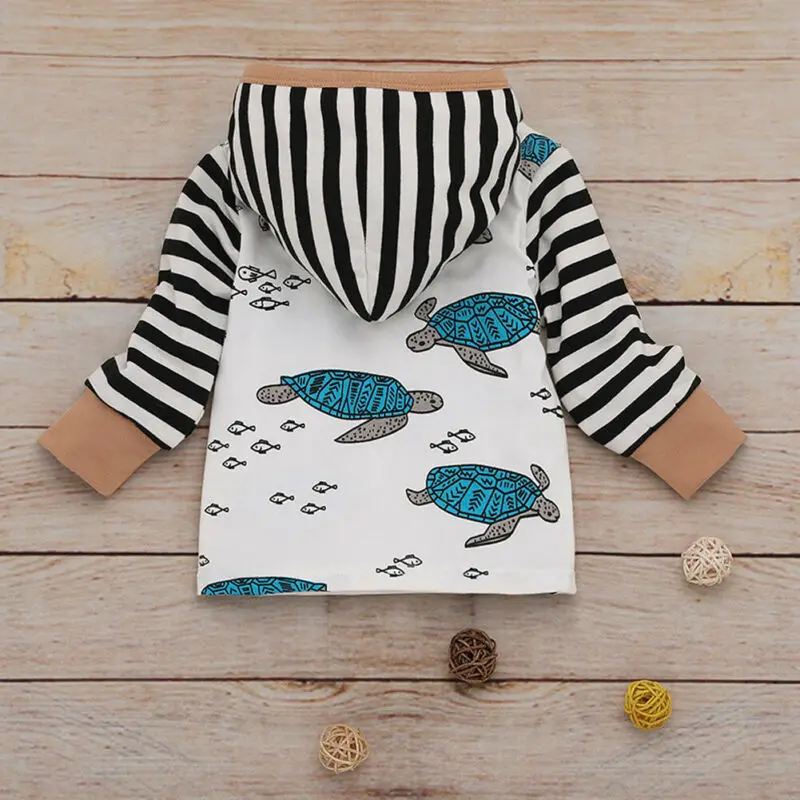 2PCS Clothes Set for Baby Boys Print Long Sleeve Hooded Sweater Turtle Tortoise Hoodies Outfit Striped Long Pants 0-24M