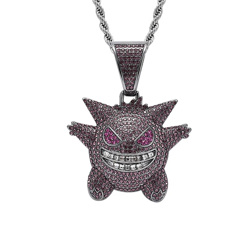 Alloy Purple Красочные. Драгоценный камень кулон ожерелье Мужская хип-хоп рэппер маска Покемон генгар медные хрустальные подвески Льдом Из цепи драгоценные камни Модные ювелирные изделия - Окраска металла: Alloy Purple