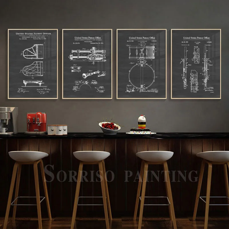 

Картина на холсте Черно-белая в стиле ретро, плакаты и принты в виде музыкальных инструментов, настенные картины для гостиной, домашний деко...