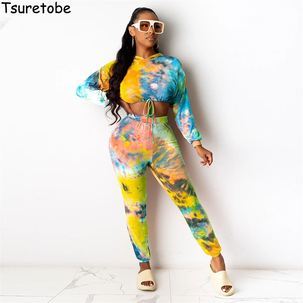 

Женский спортивный костюм Tsuretobe из двух предметов, укороченный топ с капюшоном, джоггеры, бандажный спортивный костюм, осенняя одежда для же...