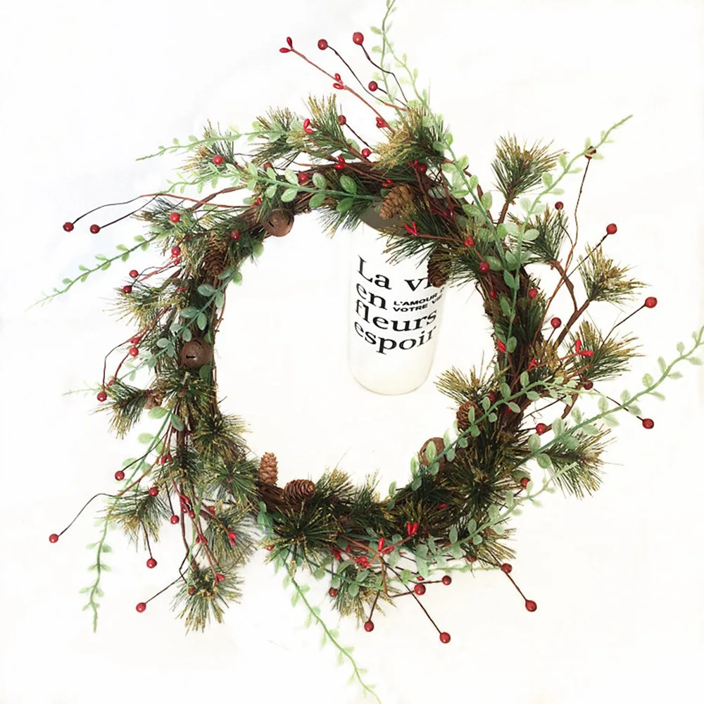 

Christmas Flower Wreath Door Decor Artificial Foam Berry with Natural Pine Cone Pendant Wall Decor Wreath Fake Flower Garland