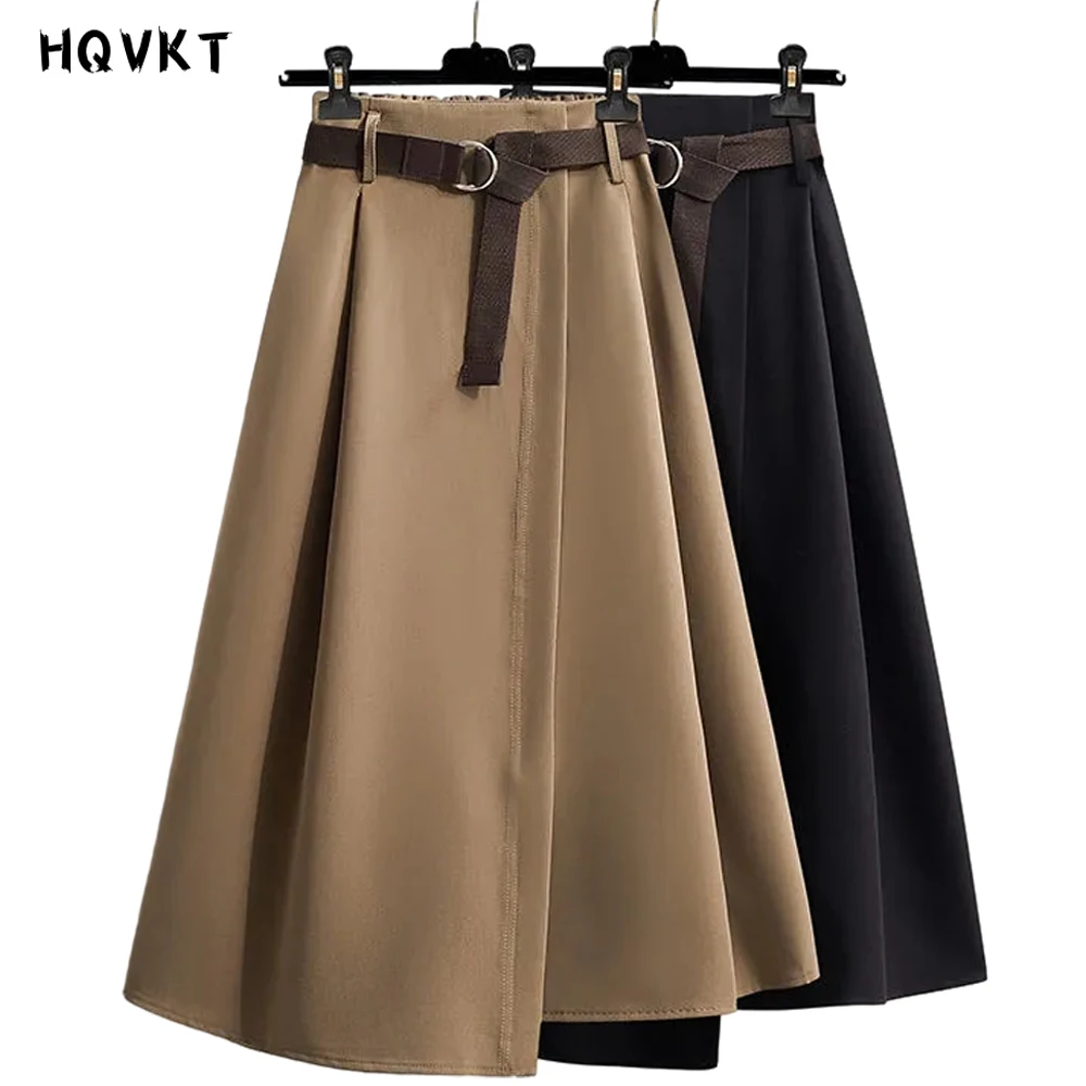 

women skirts elastic wasit irregular solid midi skirts slim a-line elegant Костюмы с юбкой with belt korean fashion office HQ77