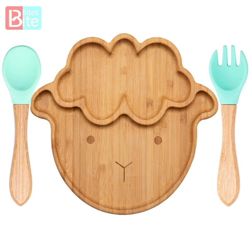 3PCS Wooden Dinner Plate Silicone Suction Cup Non-slip Waterproof Fork Spoon Baby Feeding Tableware Baby Feeding Plate Free BPA