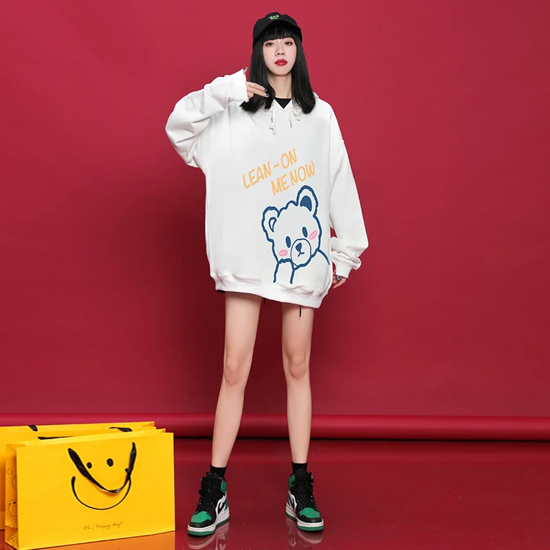 

Новинка 2021, хлопковые толстовки, женские толстовки большого размера с принтом медведя, толстовки с капюшоном в стиле Харадзюку, зимние и осе...