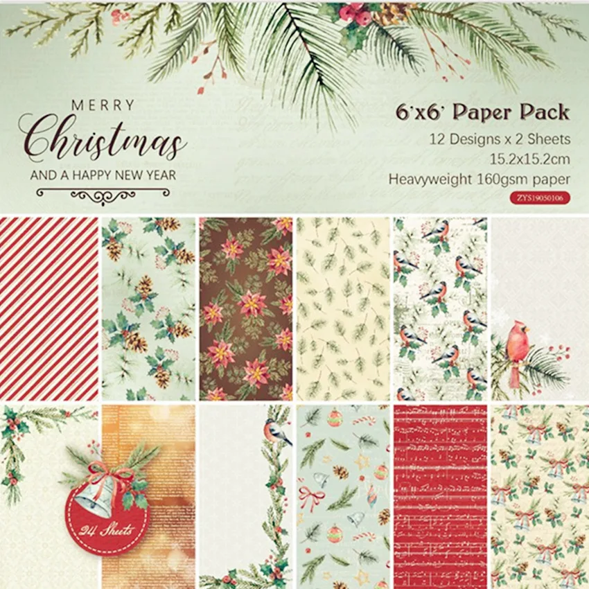 

24 Sheet 6"X6" Merry Christmas Craft Paper Material Junk Journal Planner Scrapbooking Decorative DIY Craft Background Paper