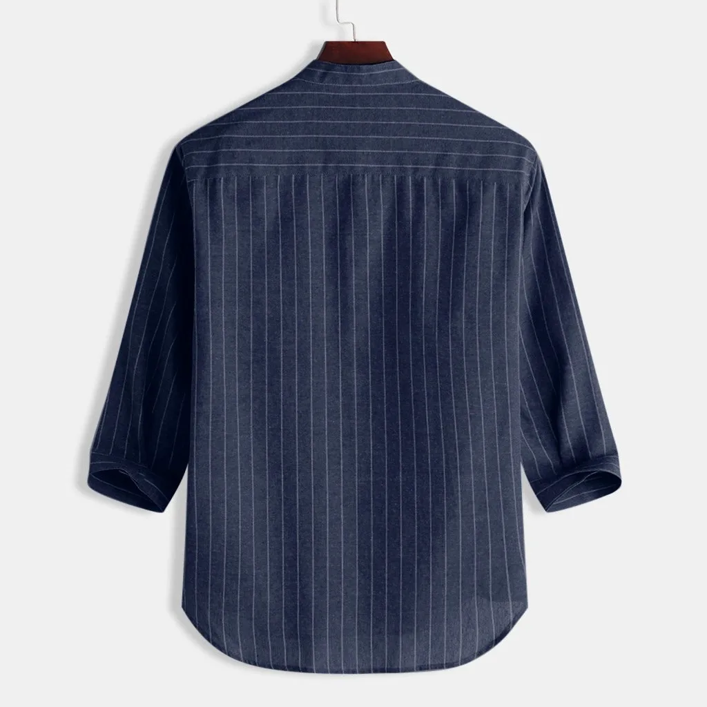 Men's Summer Button Cotton Shirt Casual Striped Stand Collar 7 Points Sleeve Top 3.25 | Спорт и развлечения