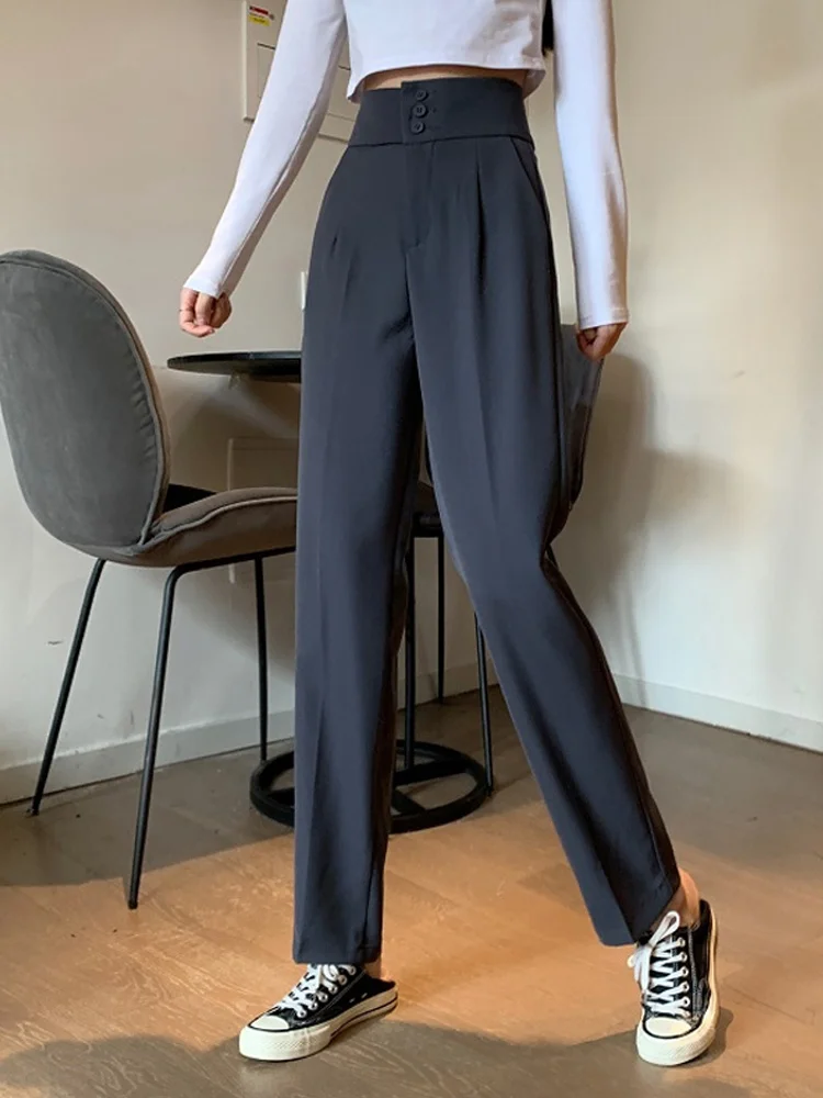 Black suit pants women's spring and autumn high waist hanging wide leg 2021 new small straight casual trend | Женская одежда