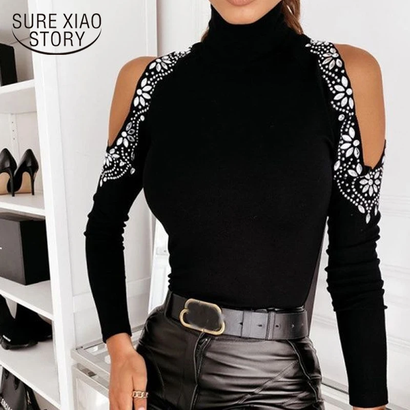 

Spring New Fashion Sexy Solid Color Women's Sweater Off-shoulder Beading Sweater Women Sexy Women's Turtleneck Pull Femme 12588