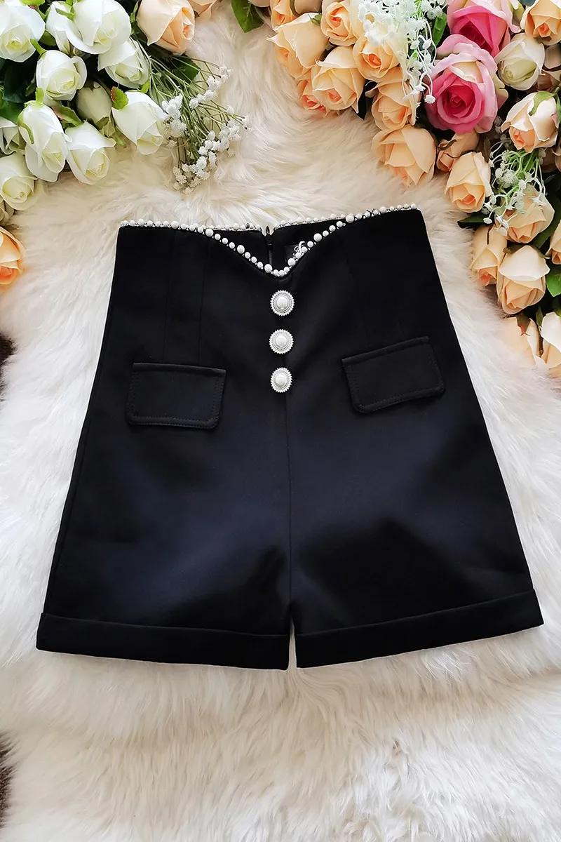 

Summer High Waist Shorts for Women 2021 Spring Summer New Elegant Pearl Slim Breasted Wide Leg Short Pants Female A-Line Shorts