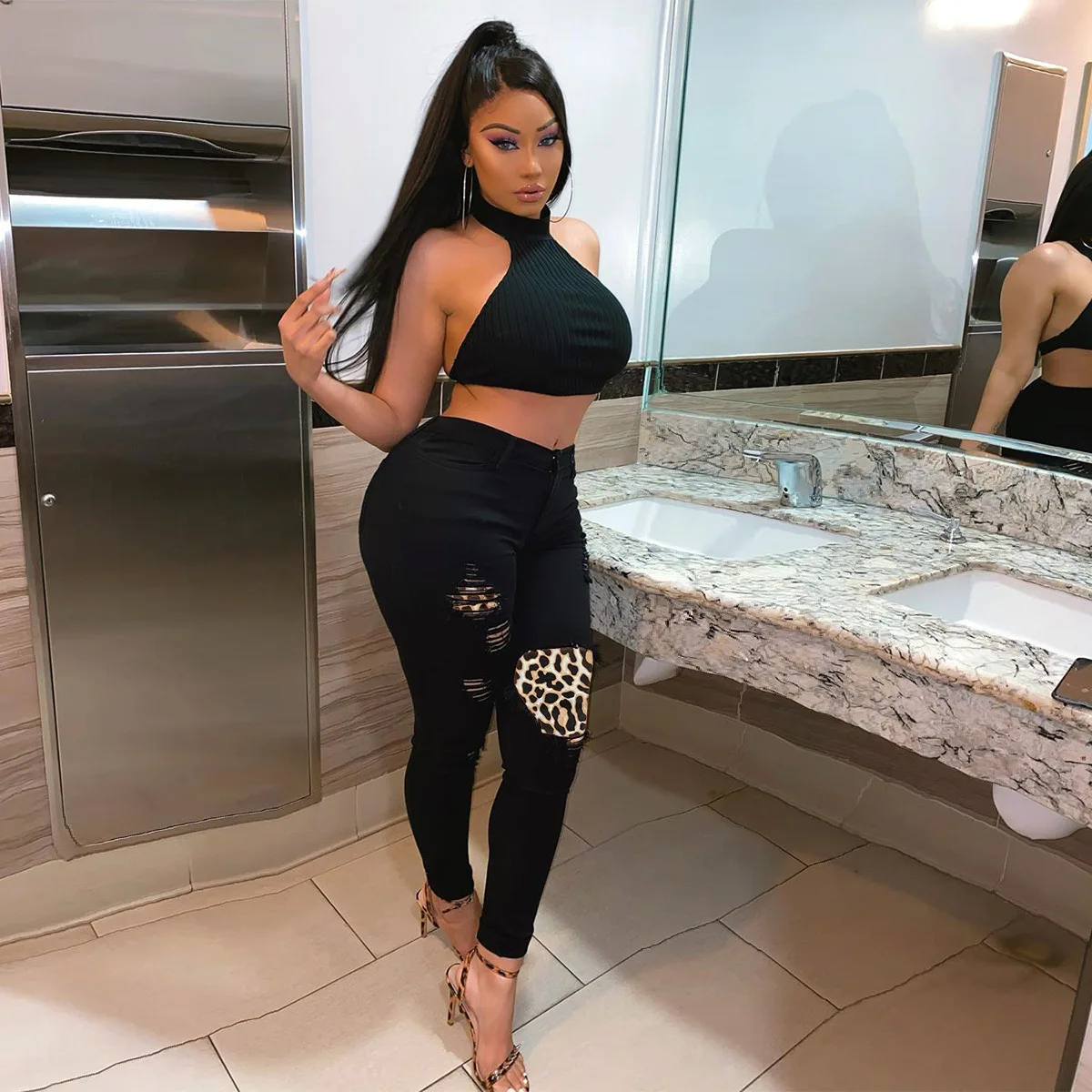 

FNOCE new women's ripped jeans pants fashion treends sexy elegant leopard patchwork high waist tight stretch slim pencil pants