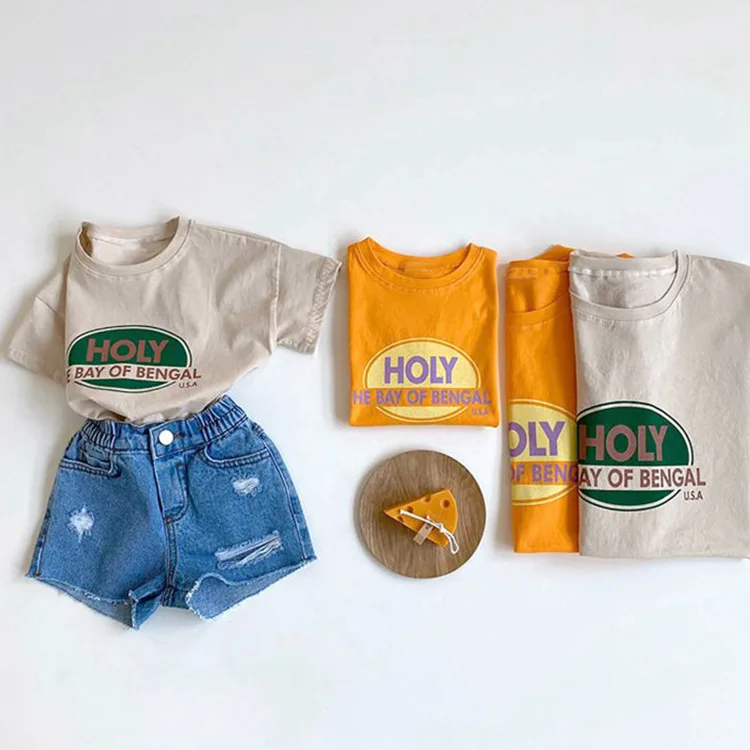 

Футболка Детские хлопковые повседневные топы с короткими рукавами и надписью для маленьких мальчиков и девочек, летняя модная мягкая одежд...