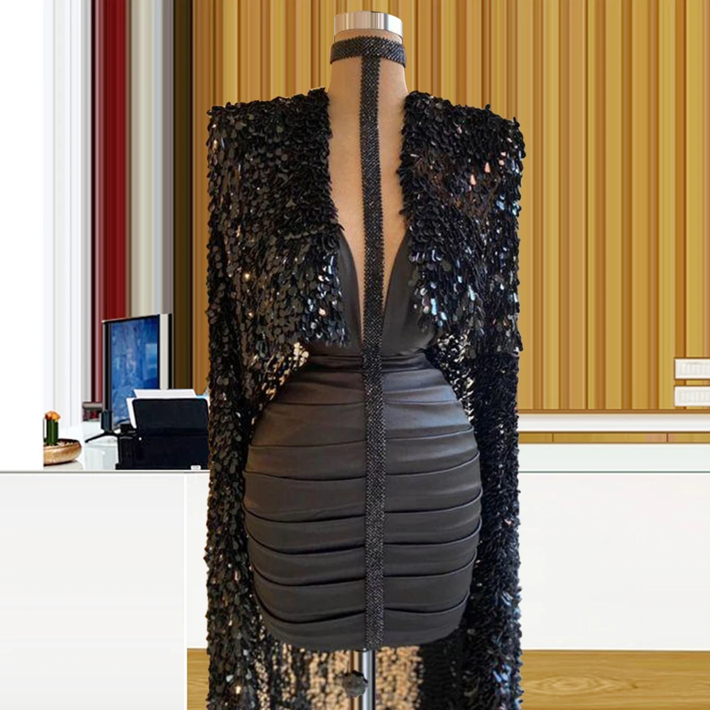 

Bandaged Bodice Black Sequins Queen Cloak Formal Dress High End robes de cocktail Free Customized biti da cerimonia FOF31135