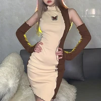 dress for womens 2021 new solid color slim high waist fashion collision color wooden ear edge dress butterfly pattern sexy dress