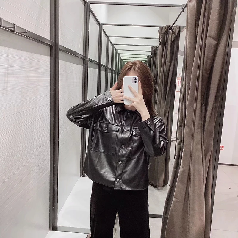 2019 New Autumn Women Pu Leather Jacket Outwear Coat Turn Down Neck Loose Black Single Breasted With Buttons And Pockets Ladies | Женская