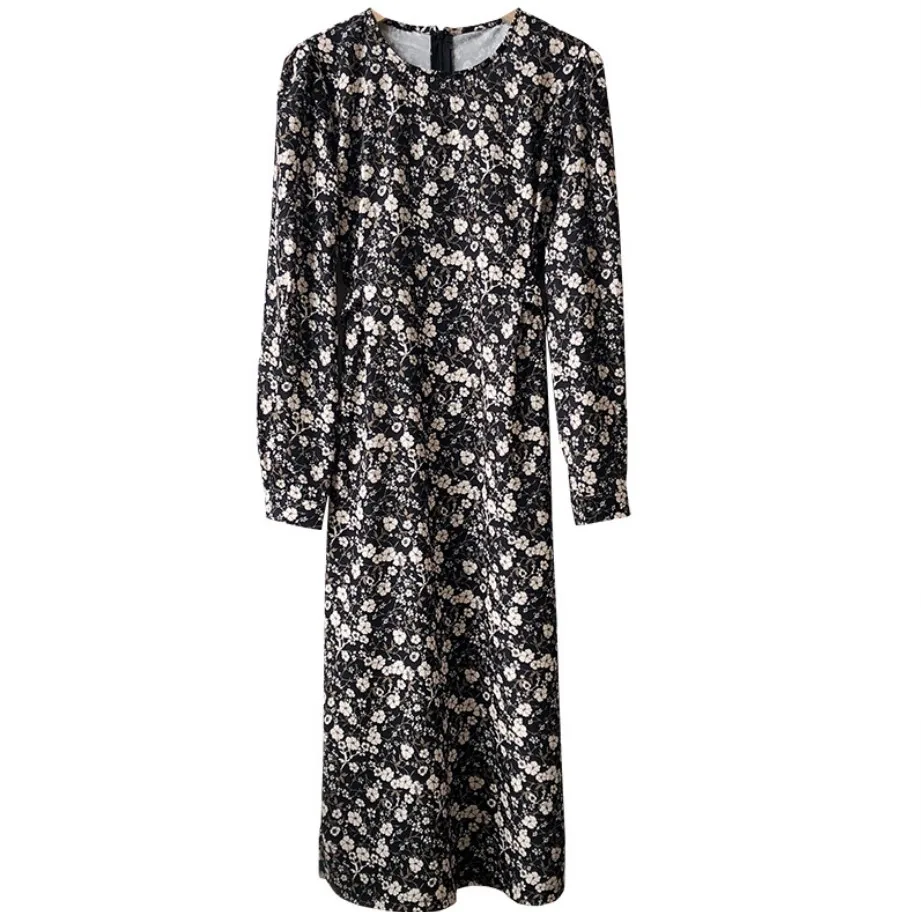 

Elegance Chiffon Floral Dress Women Long Sleeve Slim A-Line Side Split Long Dress Vestidos 2020 Spring Summer