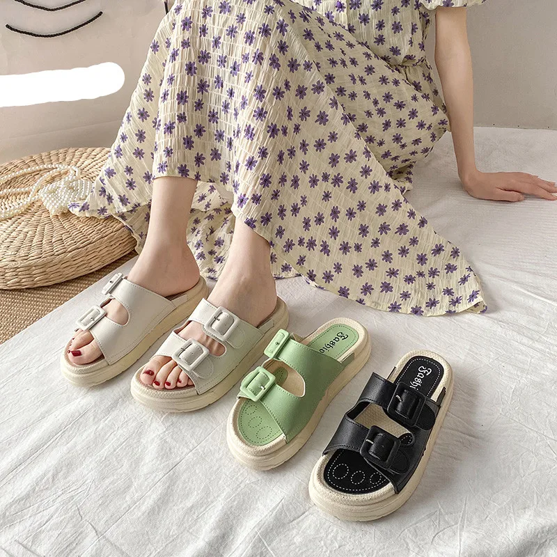 

Med Shoes Ladies' Slippers Slipers Women Platform Luxury Slides 2021 Soft Designer Flat PU Fashion Rome Flat Shoes Female Med Wo