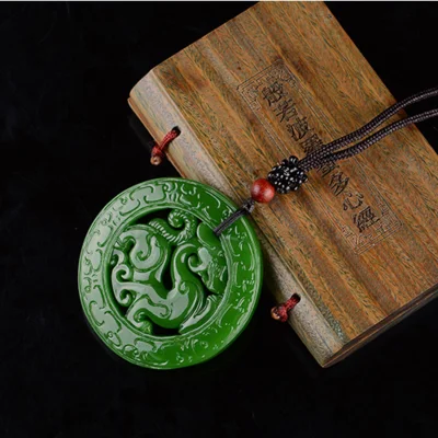 Натуральный жадеес резьба антикварный дракон кулон яшма двухсторонний полый