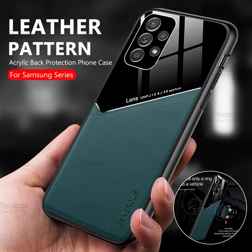 

Camera Protection Leather Case For Samsung Galaxy A52 A32 A22 A72 4G 5G 2021 Car Magnetic Holder Acrylic Back Phone Cover Fundas