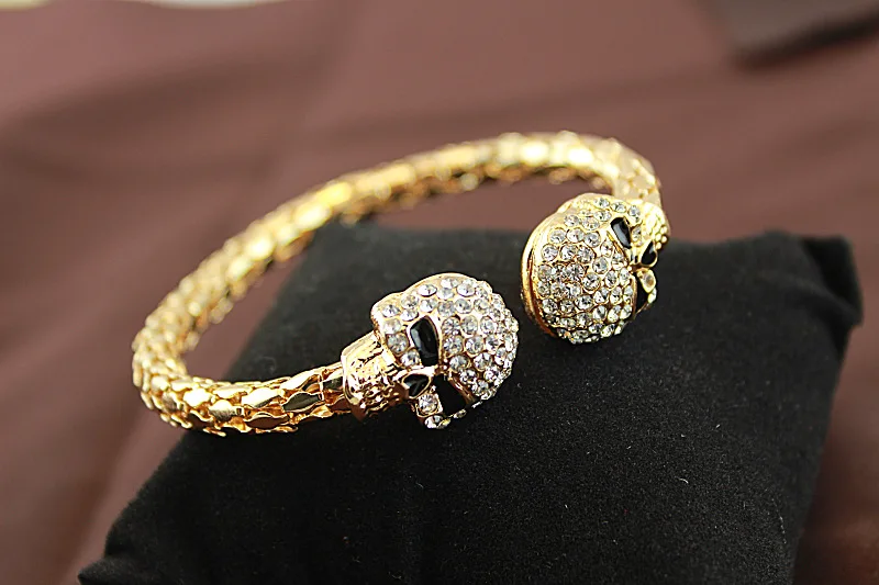 Панк Череп Кристалл Открытый браслет для мужчин f Отик двойной череп головы