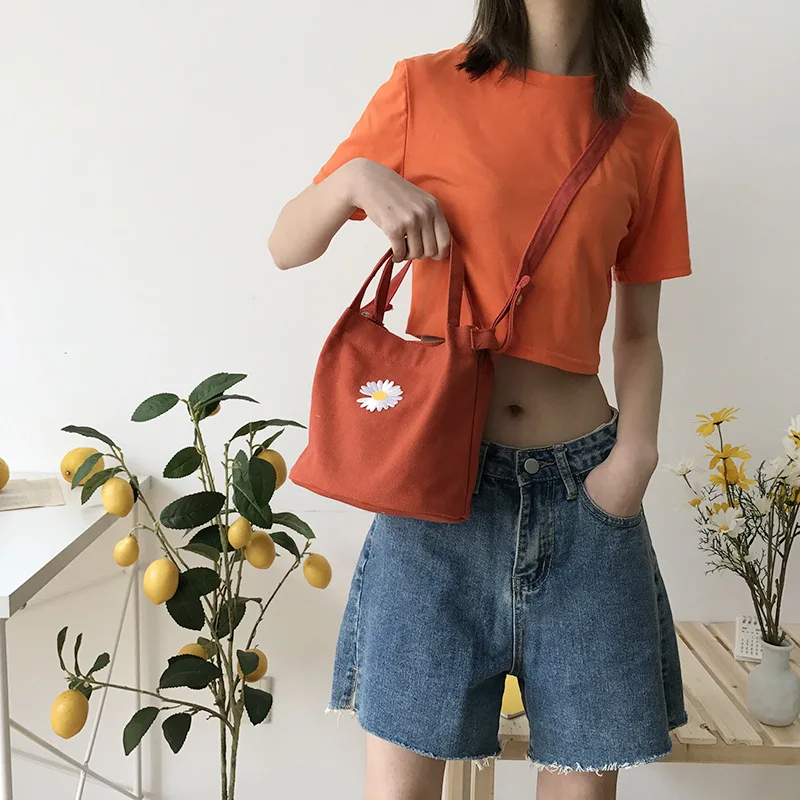 

Women's Mini Canvas Shoulder Bag Daisy Small Cotton Handbag Totes Ladies Casual Vintage Purse Cloth Bucket Pouch For Girls