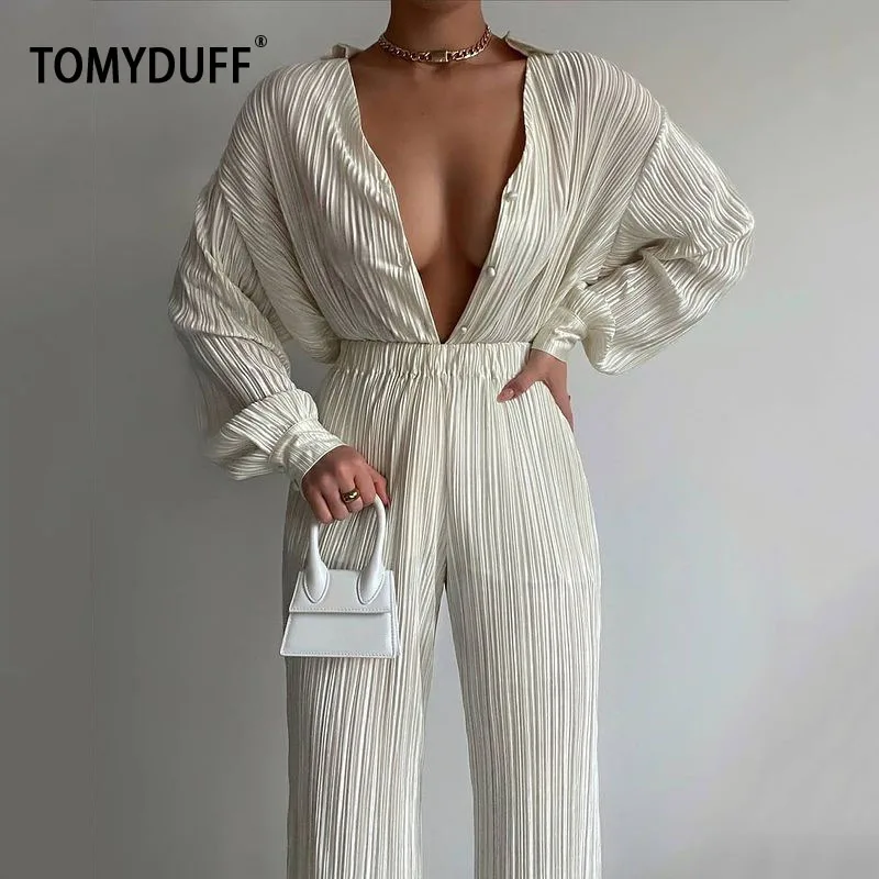 

TOMYDUFF Summer Womon New Fashion Outfit Street Shot Internet Celebrity Lace Cardigan Polo Collar Top Micro-Pull loose Trousers